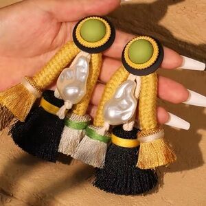 Large Colourful Tassel Statement Earrings Green Black Gold Cream Huge Chunky Big